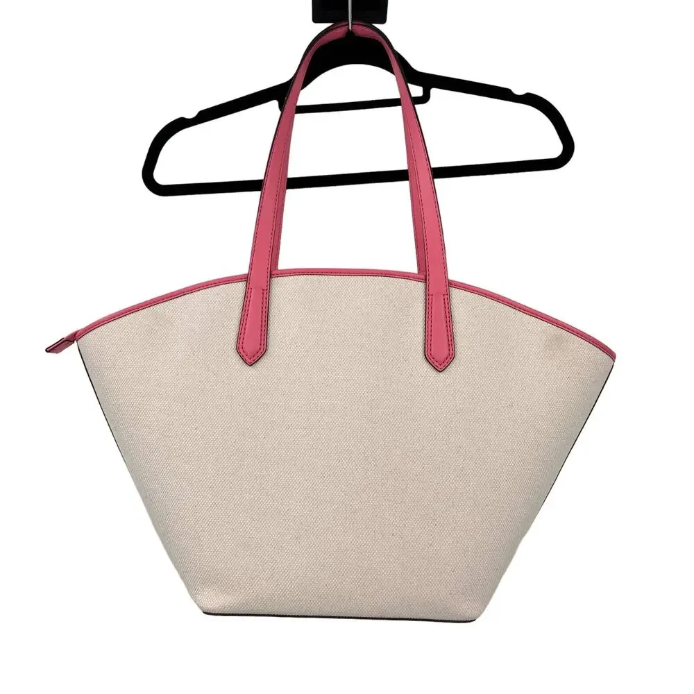 Michael Kors Cream White Pink Shoulder Kimber Large Cotton Canvas Tote Bag Purse